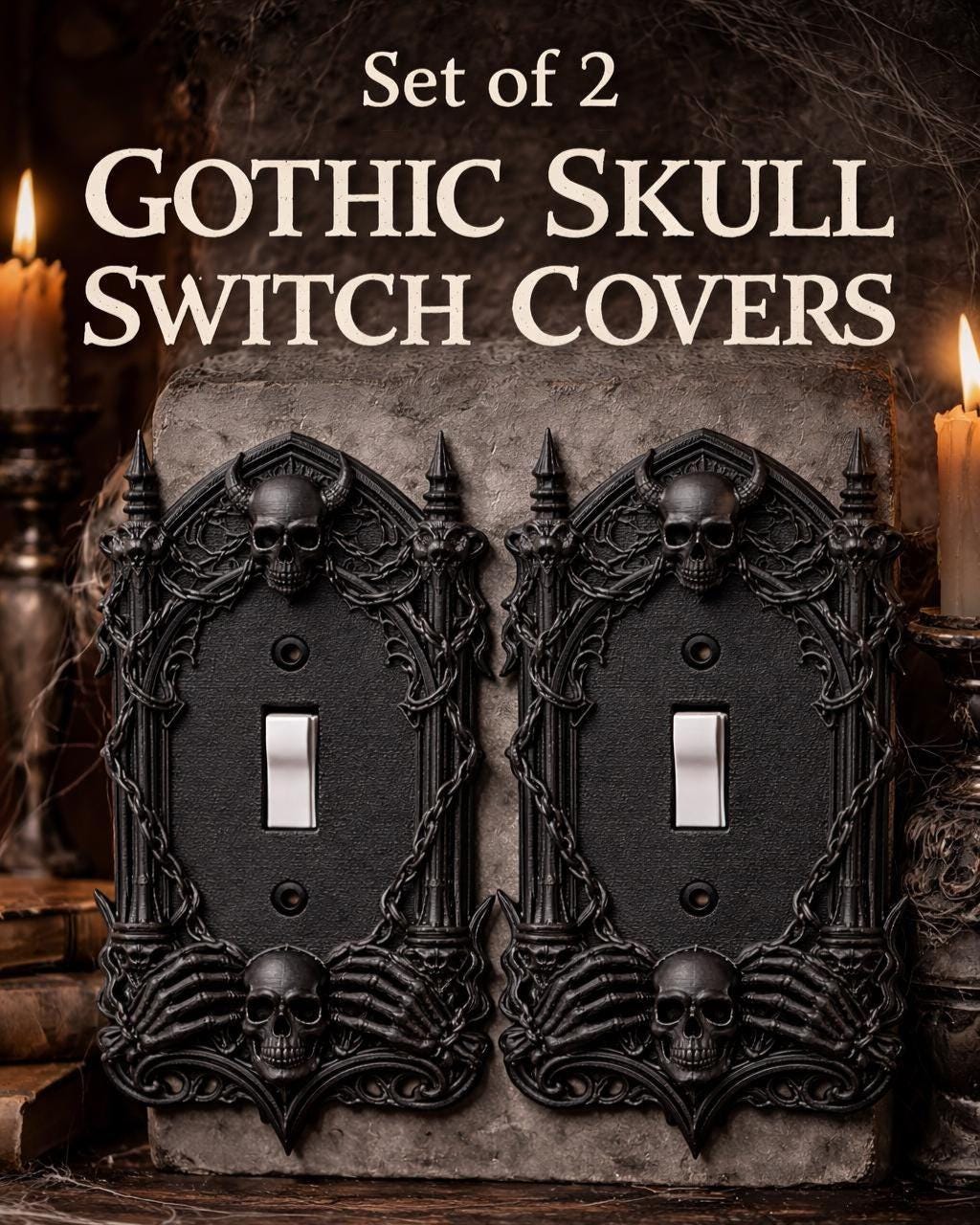 Set of 2 Gothic Skull Light Switch Covers, Dark Academia Wall Plate