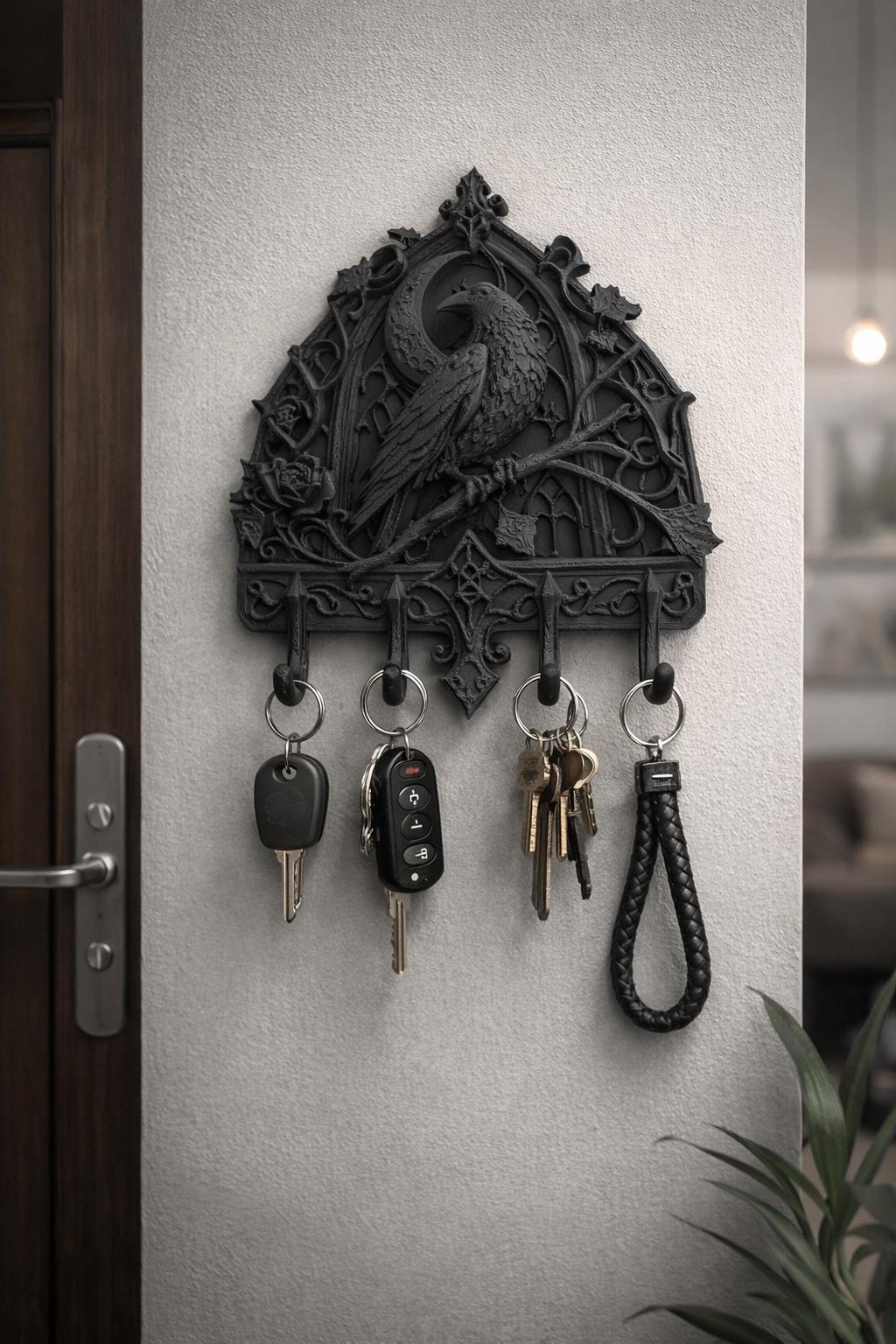 Gothic Raven Key Holder – Raven Wall Hook Organizer, Dark Home Decor, 3D Printed Entryway Key Rack, Poe, Entryway Organizer