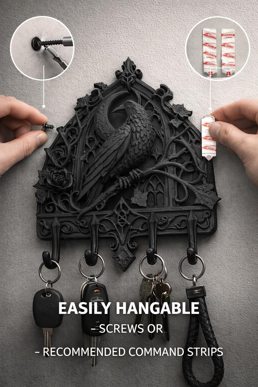 Gothic Raven Key Hook | Dark Academia Key Holder, Matte Black Entryway Organizer