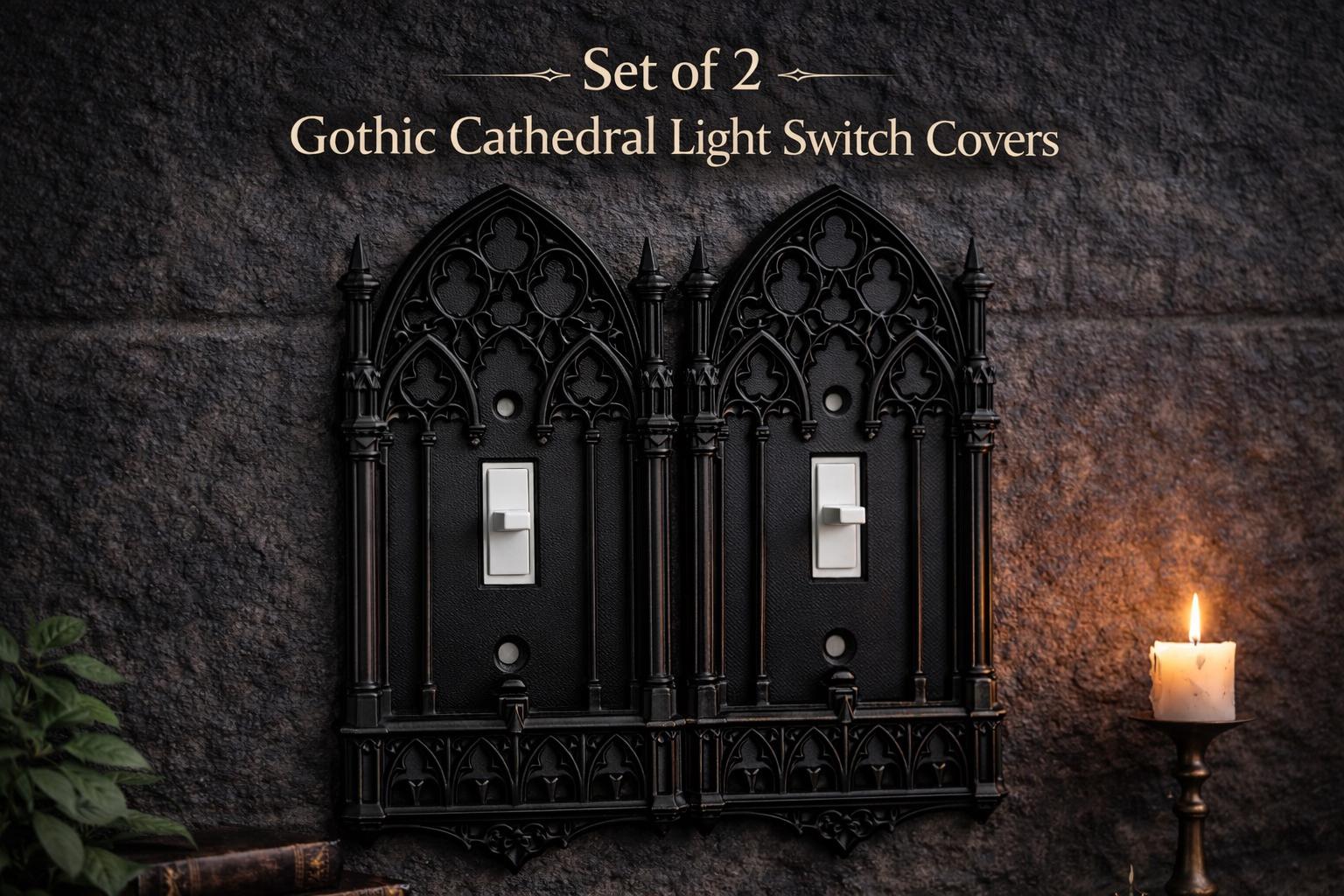 Light Switch Cover Set of 2, Gothic Cathedral Wall Plates, Black Outlet Cover Decor, Entryway Wall Upgrade
