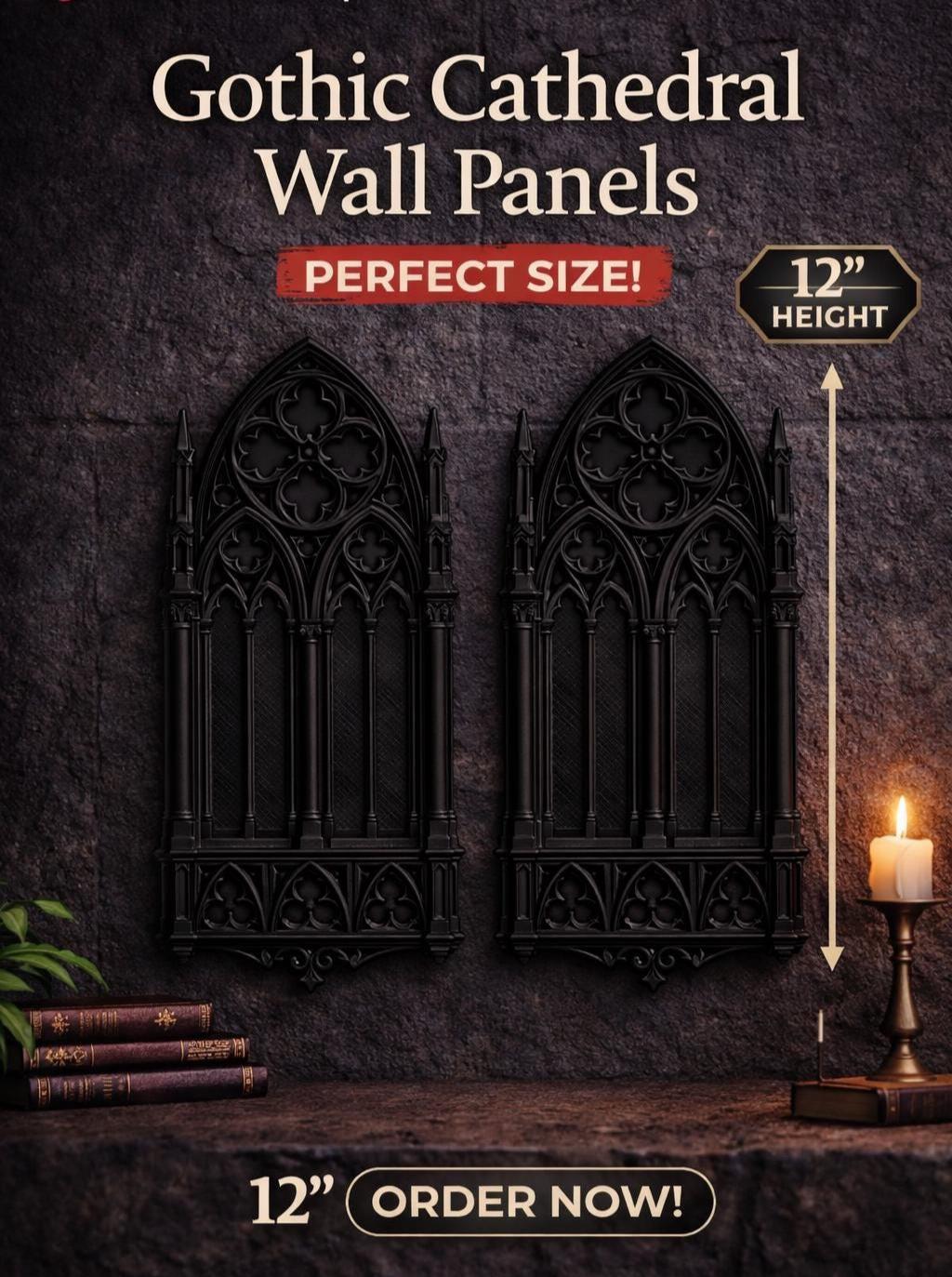 Gothic Cathedral Wall Panels – Set of 2, 12" Tall Matte Black Decor