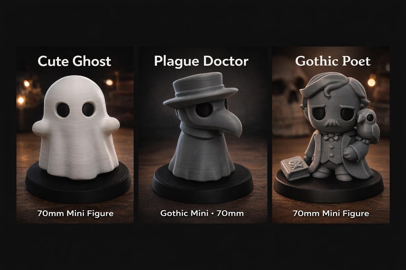 Gothic Mini Figures Set, Ghost, Plague Doctor, Poe, 3D Printed Desk Decor- Wave 1