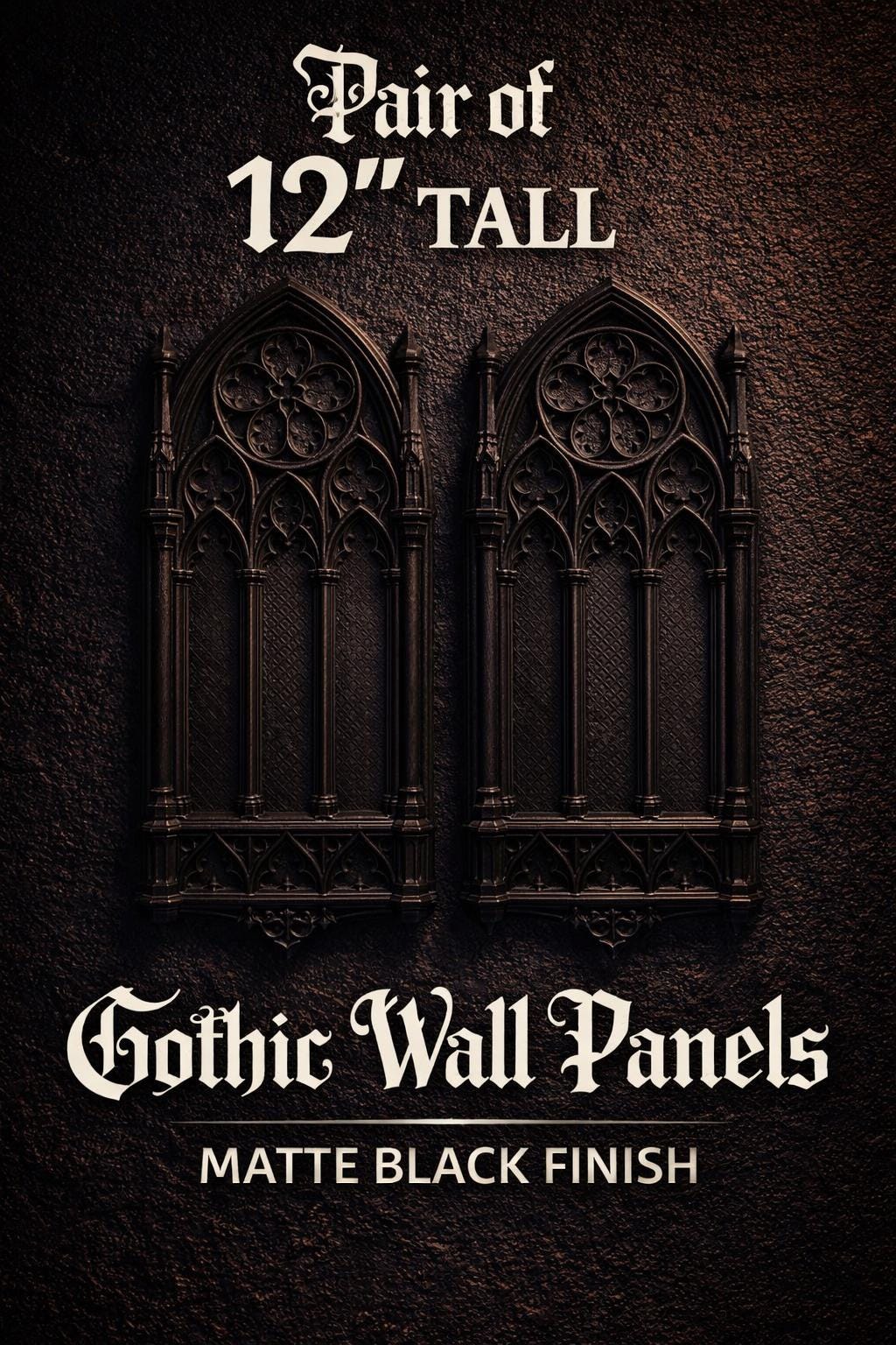 Gothic Cathedral Wall Panels – Set of 2, 12" Tall Matte Black Decor