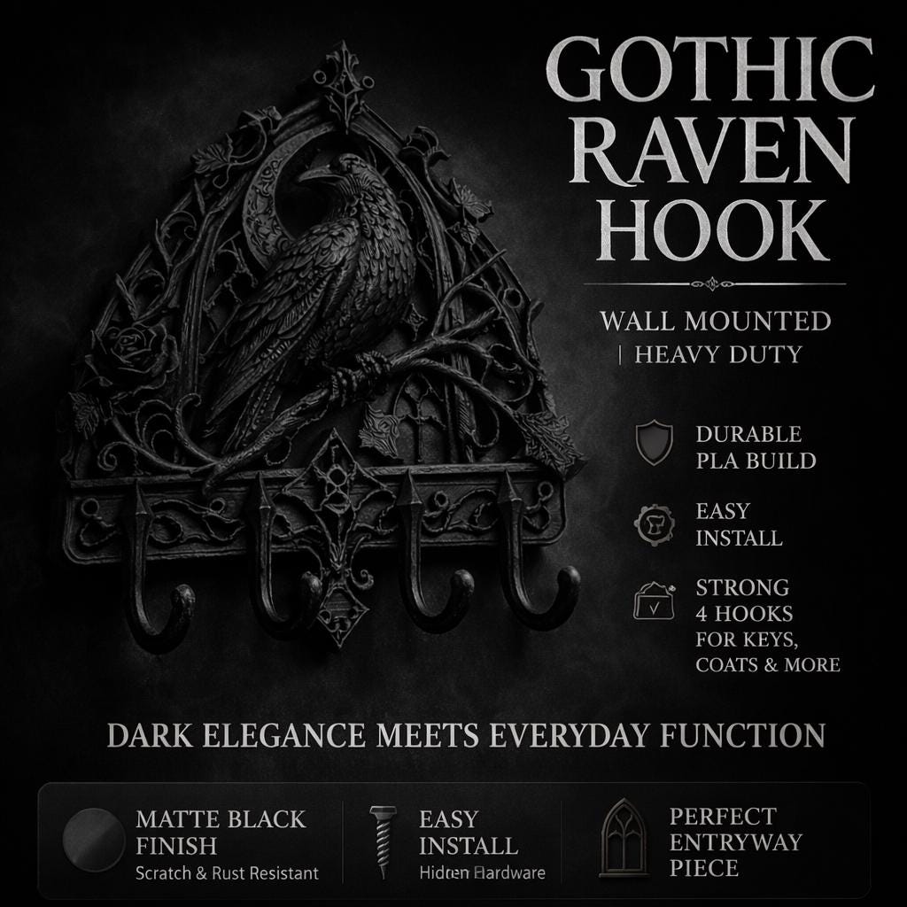 Gothic Raven Key Hook | Dark Academia Key Holder, Matte Black Entryway Organizer
