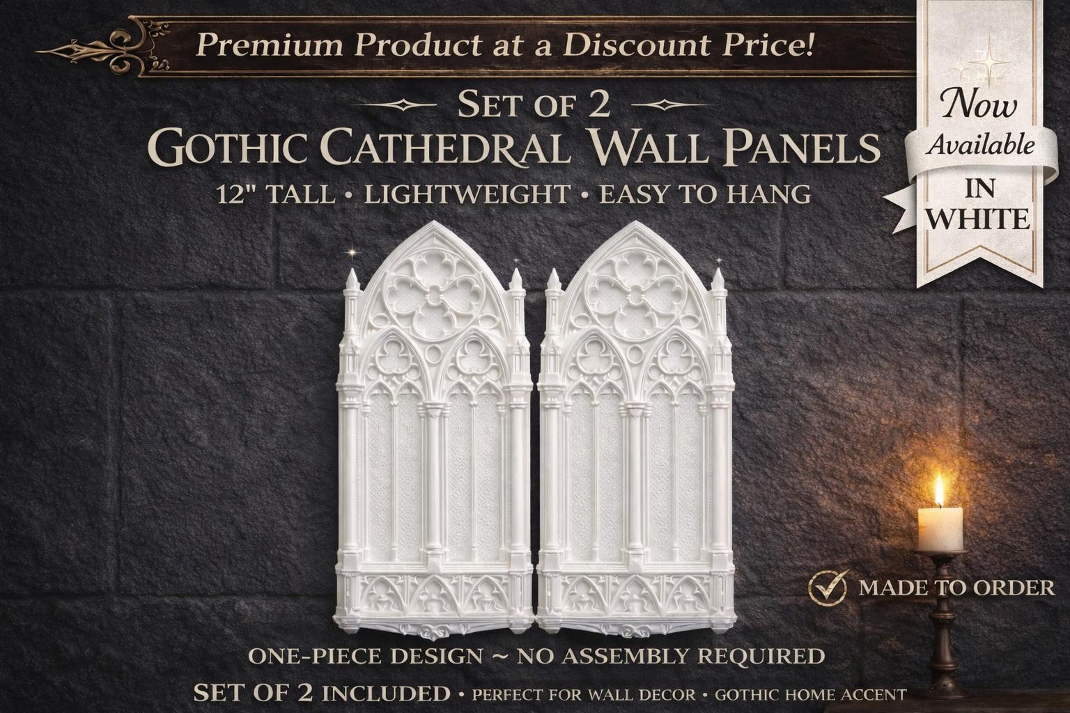 White Gothic Cathedral Wall Panels Set of 2 | 12" Tall Dark Academia Decor | Medieval Cathedral Window Wall Art