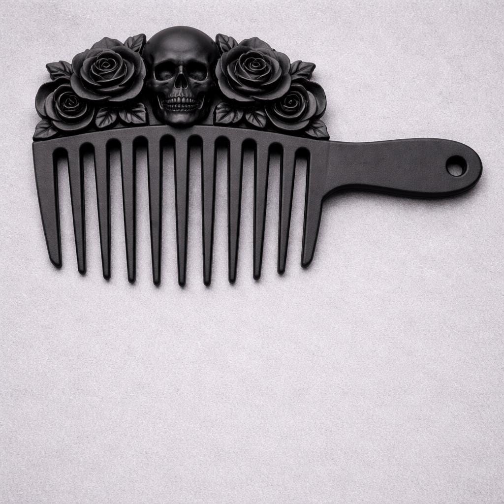Skull Rose Hair Comb, Gothic Hair Accessory, Dark Bridal Headpiece, Halloween Hair Piece With Bonus Matching Pick