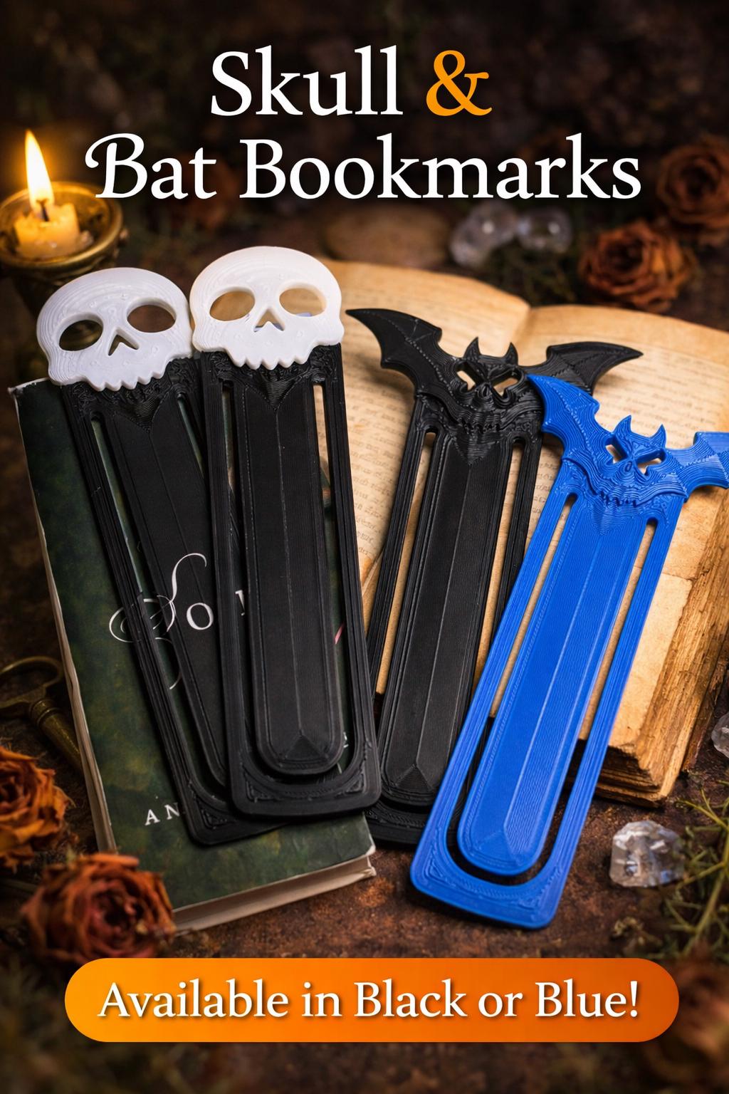 Gothic Bat & Skull Bookmarks, 3D Printed Dark Academia Bookmark Set, Spooky Reader Gift, Halloween Decor, Unique Book Lover Gift
