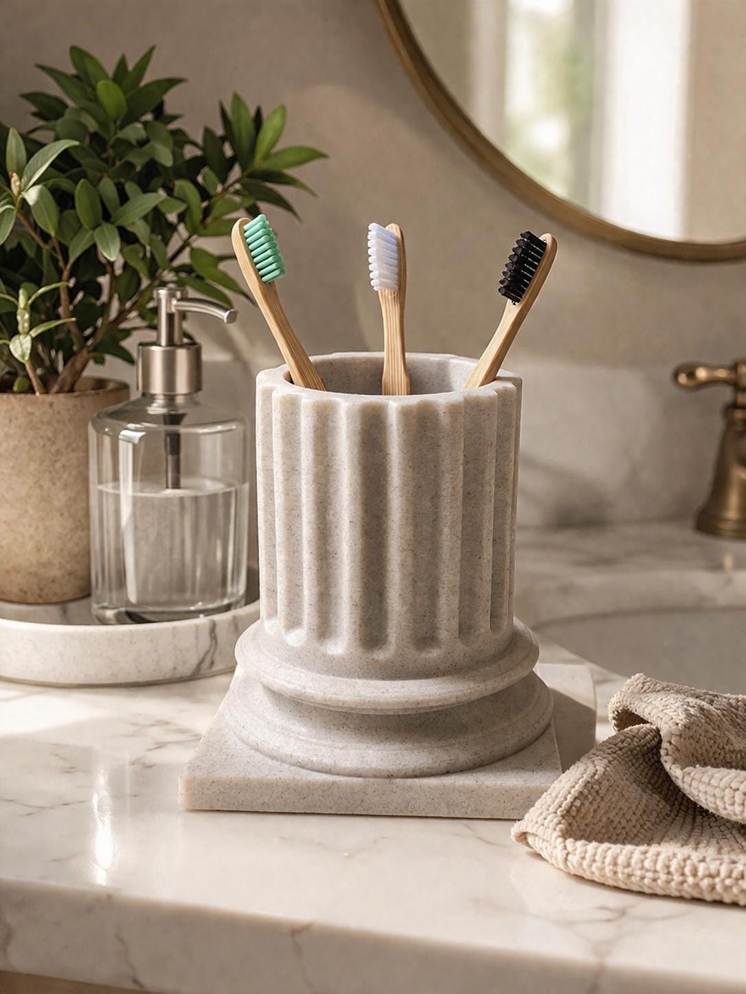 Marble Look Toothbrush Holder | 4x4 Inch Minimalist Bathroom Organizer Cup