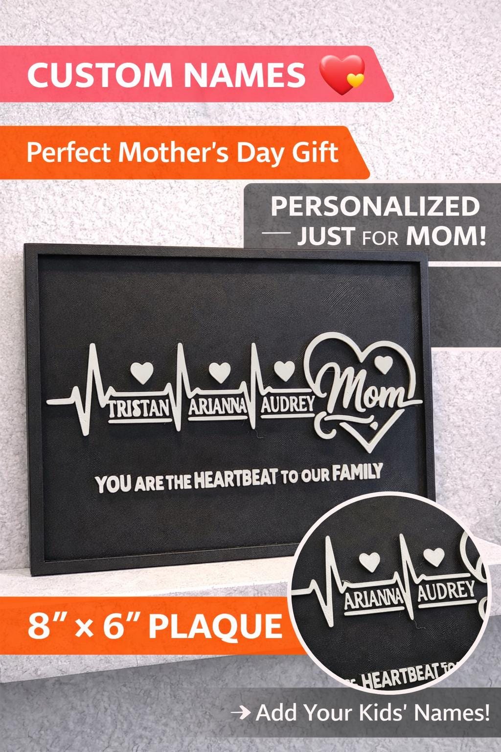 Personalized Mom Heartbeat Plaque, Custom Names Sign, Mother’s Day Gift, Family Name Sign, 3D Printed Wall Decor, Gift for Mom, 8x6 Sign