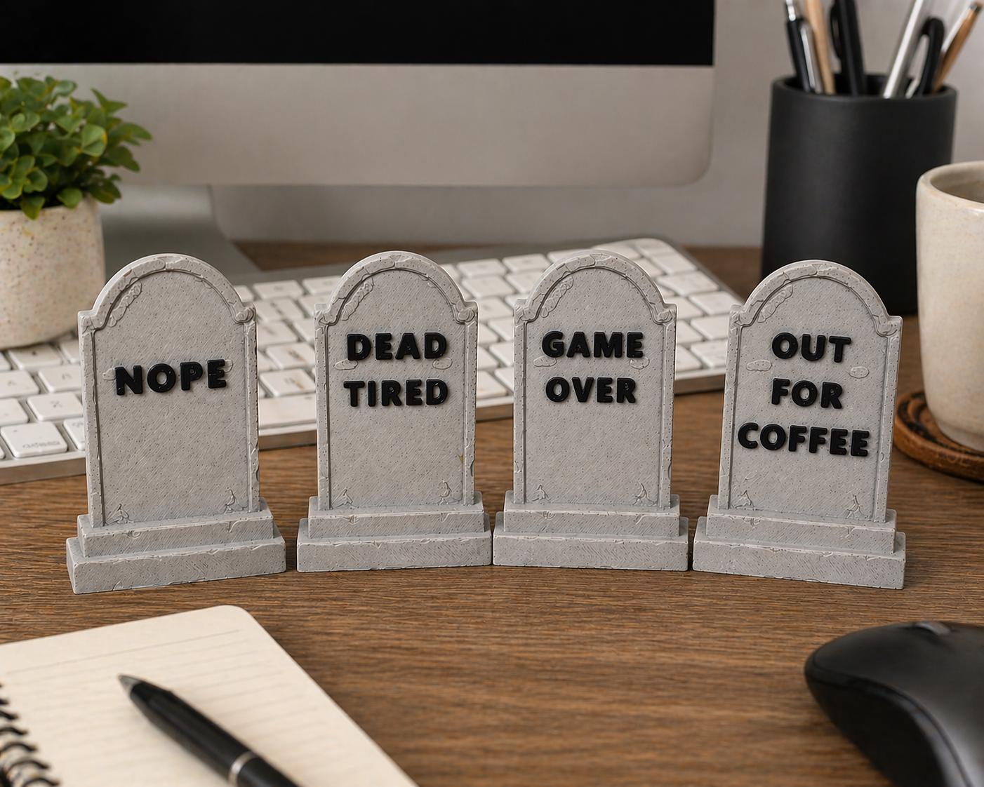 Funny Tombstone Desk Decor Set | Gothic Office Humor | “Out For Coffee” Mini Gravestones | 3D Printed Desk Signs | Coworker Gift, Set of 4