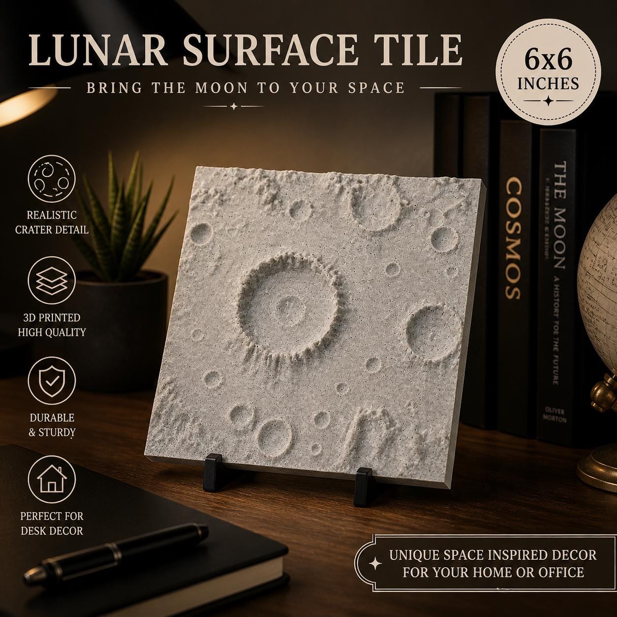 Lunar Surface Tile 6x6 | Moon Crater Wall Art | Space Decor | Moon Texture Tile | Desk Decor | 3D Printed Lunar Panel | Astronomy Gift