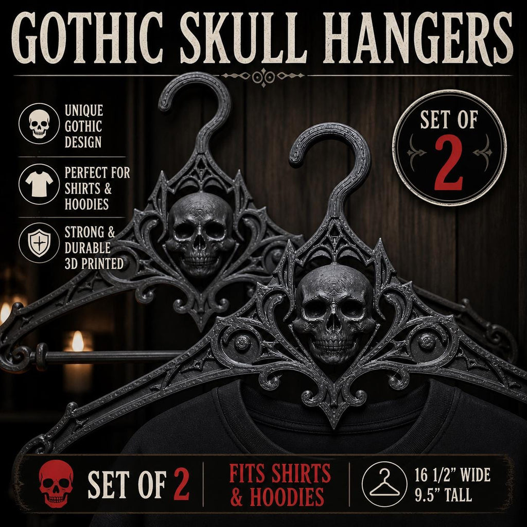 Gothic Skull Hangers Set of 2 – Dark Aesthetic Closet Organizer for Shirts & Hoodies – Unique 3D Printed Goth Decor