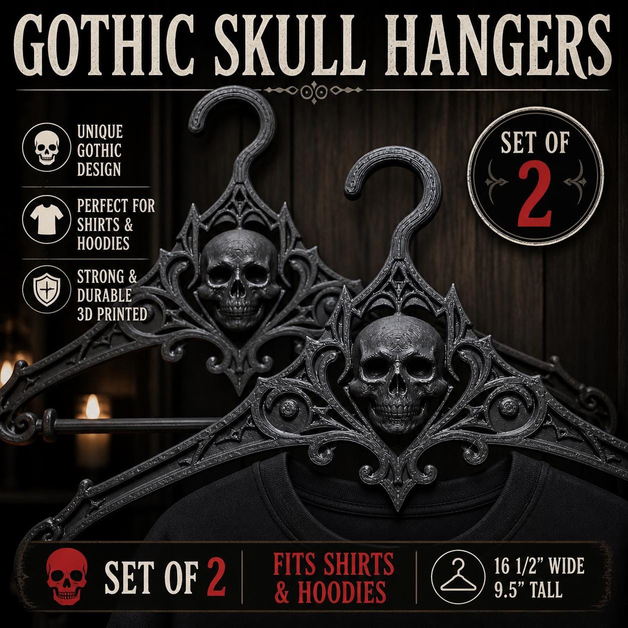 Gothic Skull Hangers Set of 2 – Dark Aesthetic Closet Organizer for Shirts & Hoodies – Unique 3D Printed Goth Decor