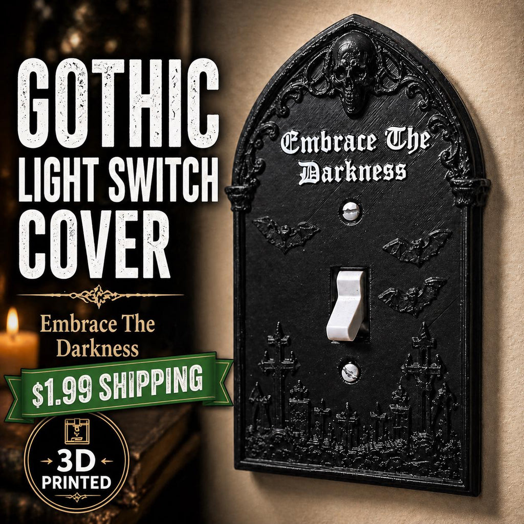 Gothic Light Switch Cover – Embrace The Darkness – Skull & Bat Decor – 3D Printed Wall Plate – Dark Home Decor – Halloween Gothic Room