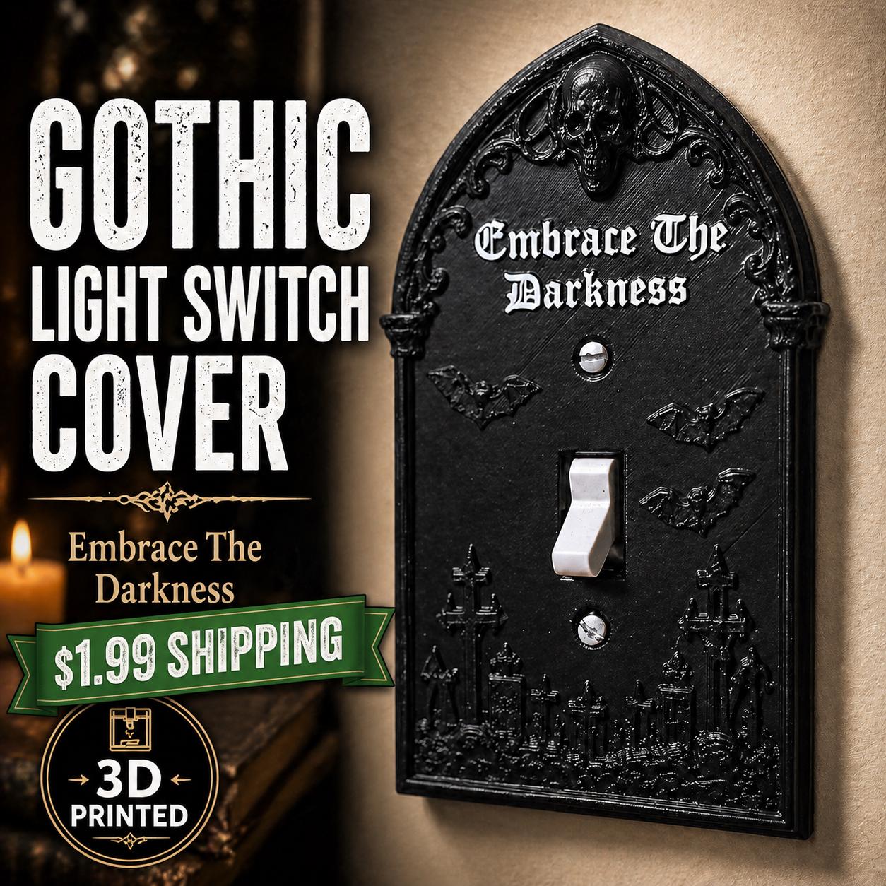 Gothic Light Switch Cover – Embrace The Darkness – Skull & Bat Decor – 3D Printed Wall Plate – Dark Home Decor – Halloween Gothic Room