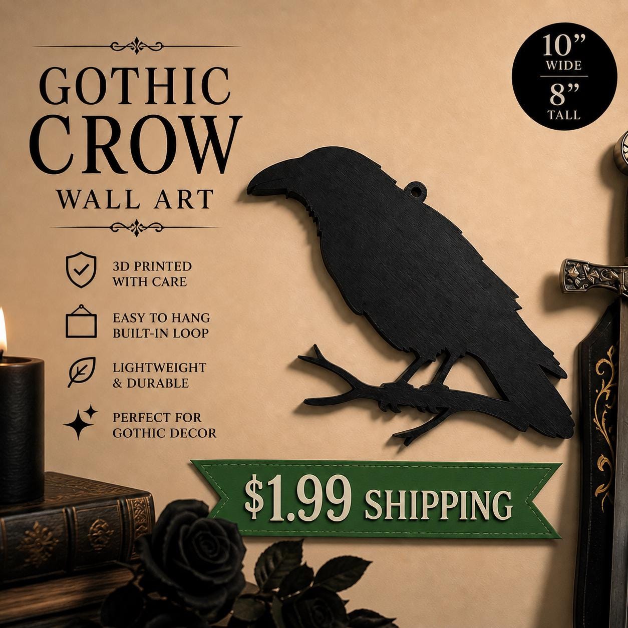 Crow Wall Art, Raven Silhouette Decor, Gothic Wall Hanging, Dark Academia Decor, 3D Printed Bird Art, Spooky Home Decor