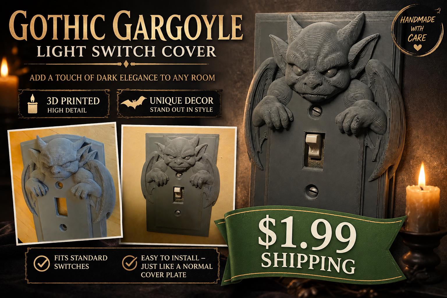 Gargoyle Light Switch Cover – Gothic Wall Plate, Dark Academia Home Decor
