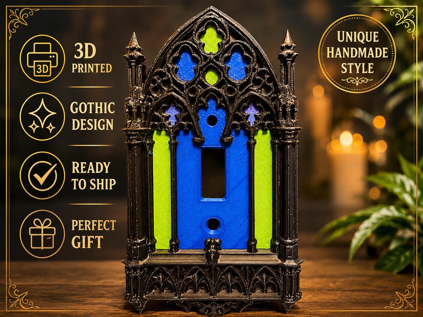 Gothic Stained Glass Light Switch Cover – Gothic Cathedral Decor – 3D Printed Wallplate – Medieval Home Decor – Dark Academia Switch Cover