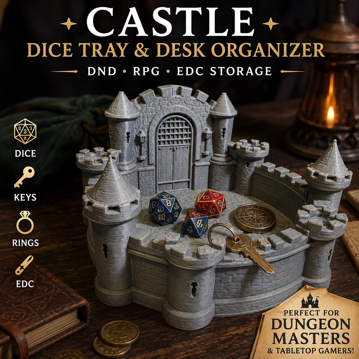 Castle Dice Tray & Desk Organizer – Medieval Fantasy DnD Storage Holder, Dungeon Master Gift, RPG Decor