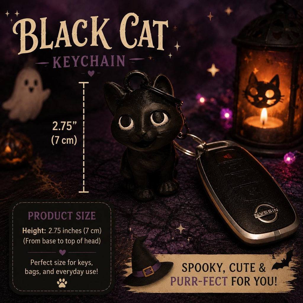 Black Cat Keychain – Cute Spooky Cat Charm for Keys, Bags & Backpacks | 3D Printed Gothic Accessory