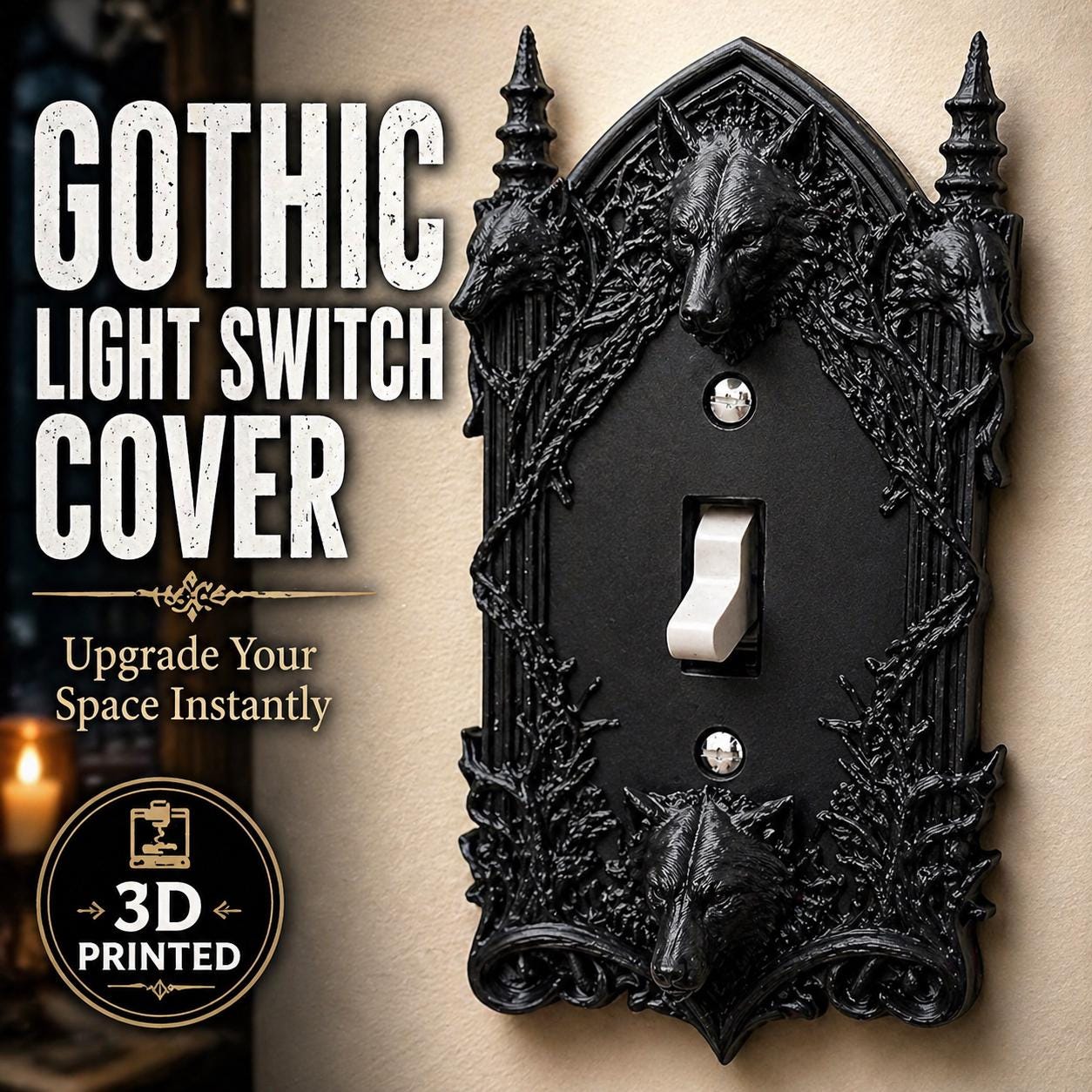 Gothic Wolf Light Switch Cover – Dire Wolf Wall Plate – Dark Gothic Home Decor – 3D Printed Switch Plate – Wolf Decor – Dark Academia