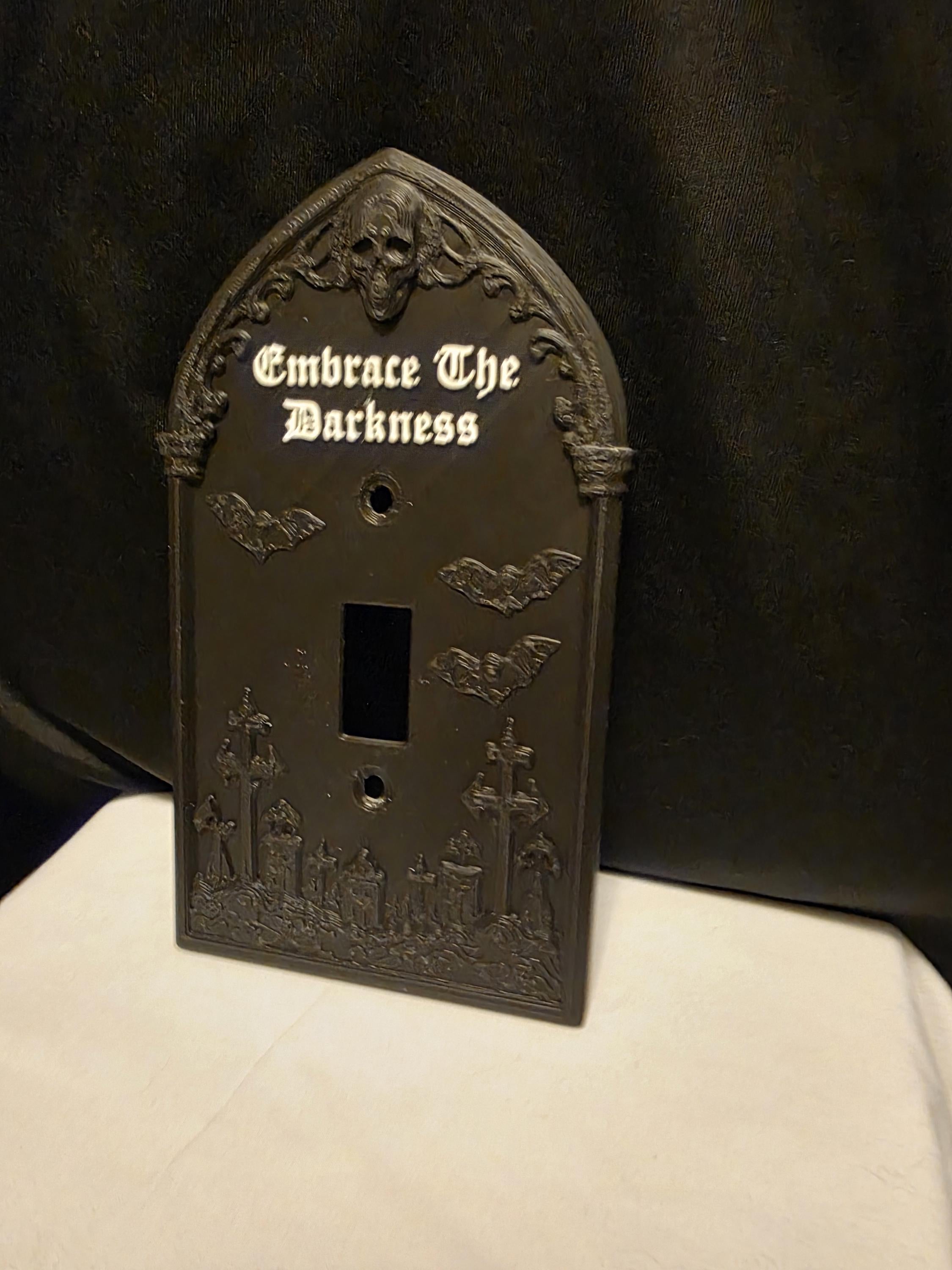 Gothic Light Switch Cover – Embrace The Darkness – Skull & Bat Decor – 3D Printed Wall Plate – Dark Home Decor – Halloween Gothic Room