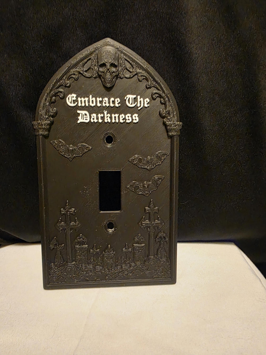 Gothic Light Switch Cover – Embrace The Darkness – Skull & Bat Decor – 3D Printed Wall Plate – Dark Home Decor – Halloween Gothic Room