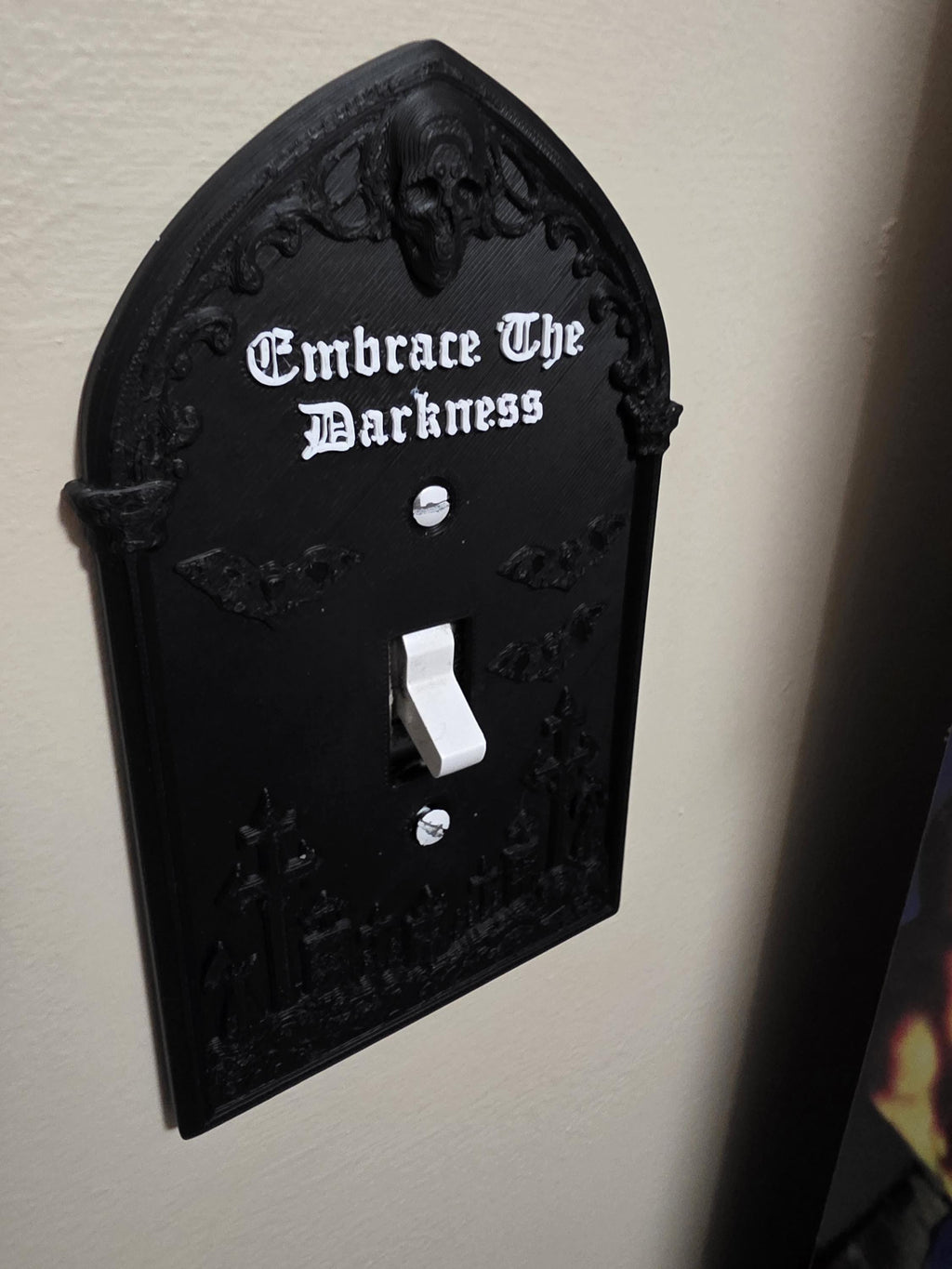 Gothic Light Switch Cover – Embrace The Darkness – Skull & Bat Decor – 3D Printed Wall Plate – Dark Home Decor – Halloween Gothic Room