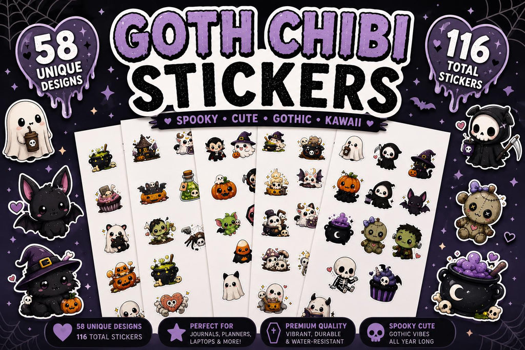 58 Unique Goth Chibi Halloween Stickers | Cute Spooky Kawaii Stickers | Gothic Vinyl Style Stickers Journals, Laptops & Bottles