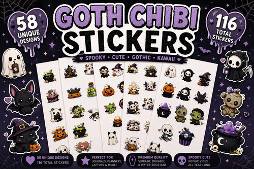 58 Unique Goth Chibi Halloween Stickers | Cute Spooky Kawaii Stickers | Gothic Vinyl Style Stickers Journals, Laptops & Bottles