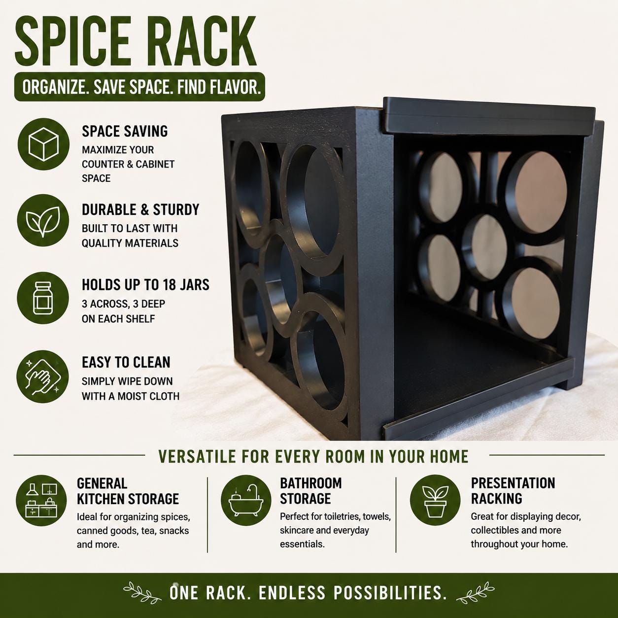 Modern Spice Rack Organizer | 2 Tier Countertop Storage Shelf | Holds 18 Spice Jars | Kitchen, Bathroom & Home Organizer | 3D Printed