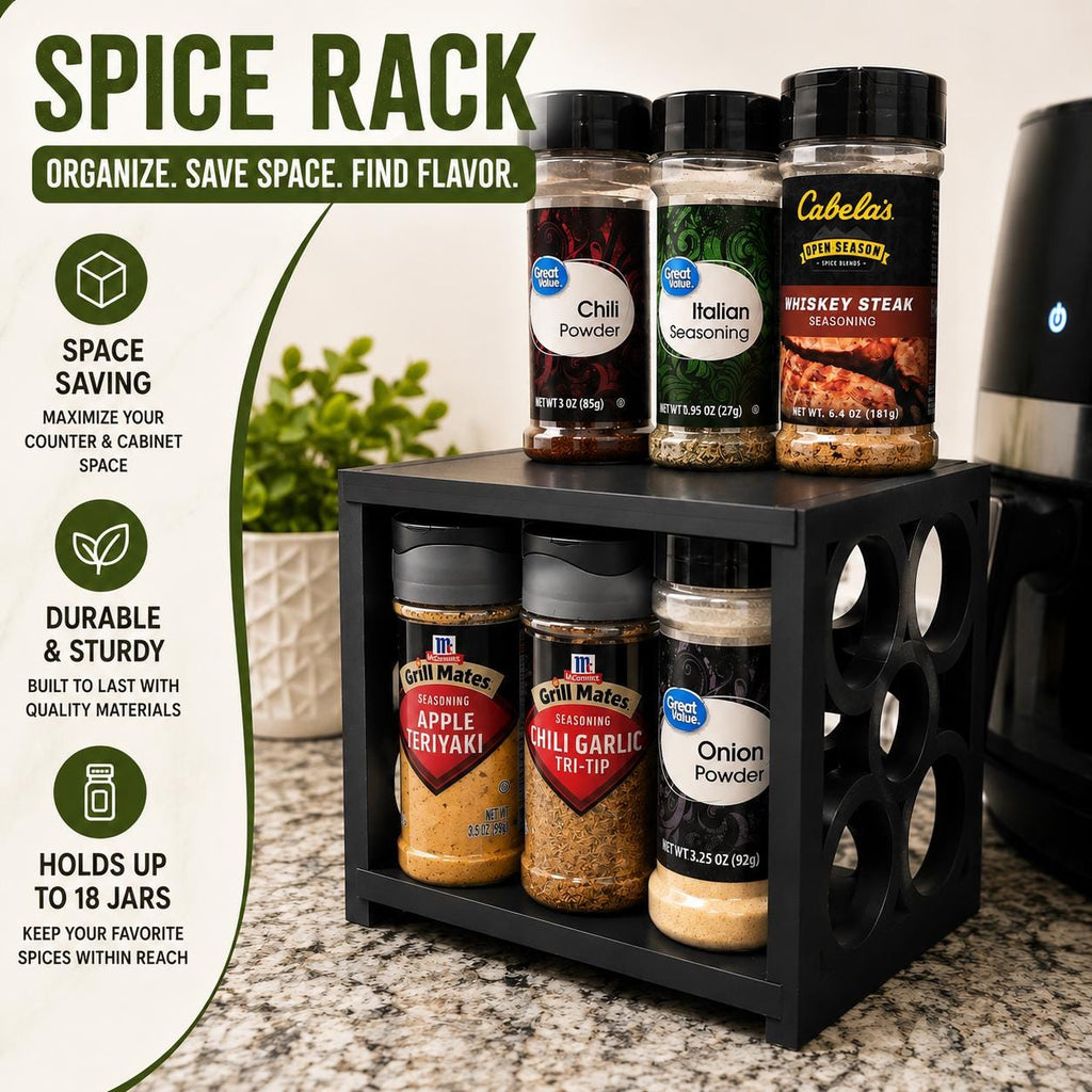 Modern Spice Rack Organizer | 2 Tier Countertop Storage Shelf | Holds 18 Spice Jars | Kitchen, Bathroom & Home Organizer | 3D Printed