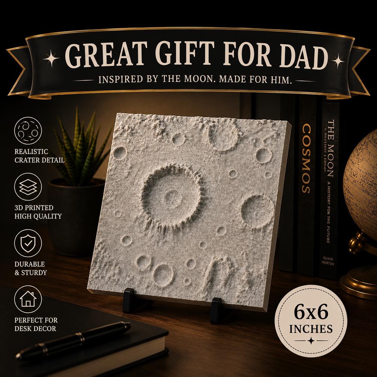 Moon Surface Wall Art for Dad | 3D Printed Lunar Terrain Tile | Space Lover Gift | Astronomy Office Decor | Sci-Fi & NASA Inspired