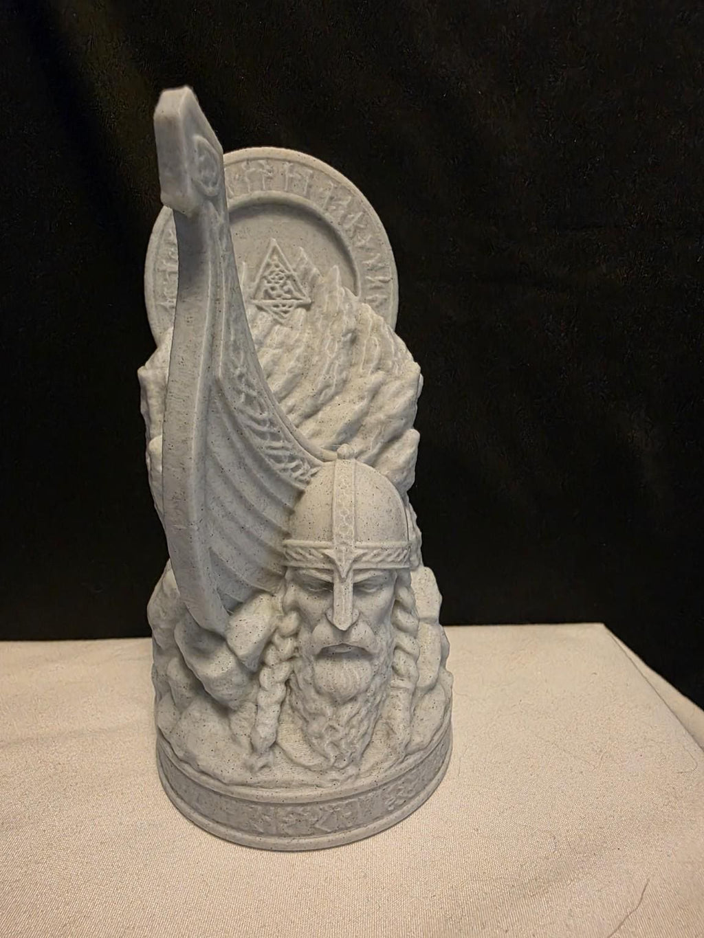 Norse Viking Statue – 3D Printed Nordic Warrior Desk Decor – Viking Longship & Mountain Display – Stone Style Scandinavian Shelf Accent