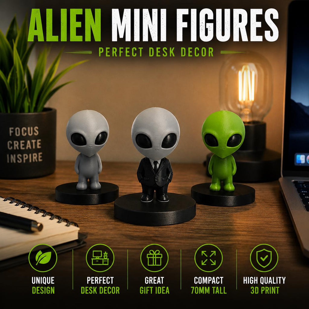 3D Printed Alien Mini Figures Set | Cute UFO Desk Decor | 70mm Collectible Alien Statues | Sci Fi Shelf Decor | Gamer Desk Accessories