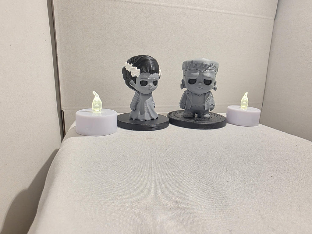 Monster Couple Mini Figures Set | Bride & Frankenstein Gothic Desk Decor | Cute Spooky Halloween Shelf Sitters | 70mm Chibi Horror Figurines