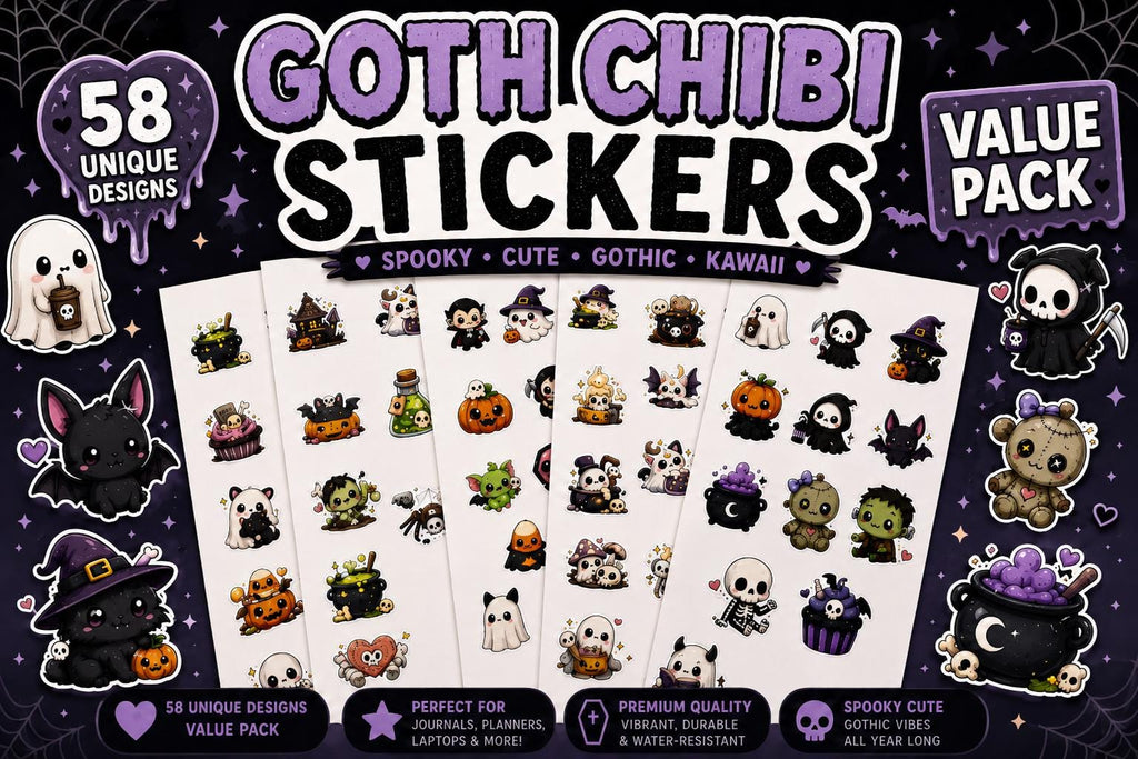 58 Unique Goth Chibi Stickers | Total Creepy Cute Kawaii Stickers | Spooky Gothic Aesthetic Sticker Pack for Journals, Laptops & Bottles