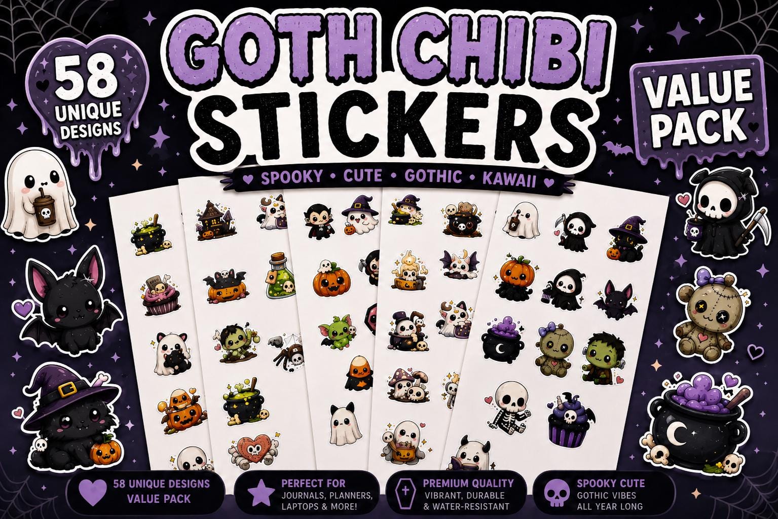 58 Unique Goth Chibi Stickers | Total Creepy Cute Kawaii Stickers | Spooky Gothic Aesthetic Sticker Pack for Journals, Laptops & Bottles