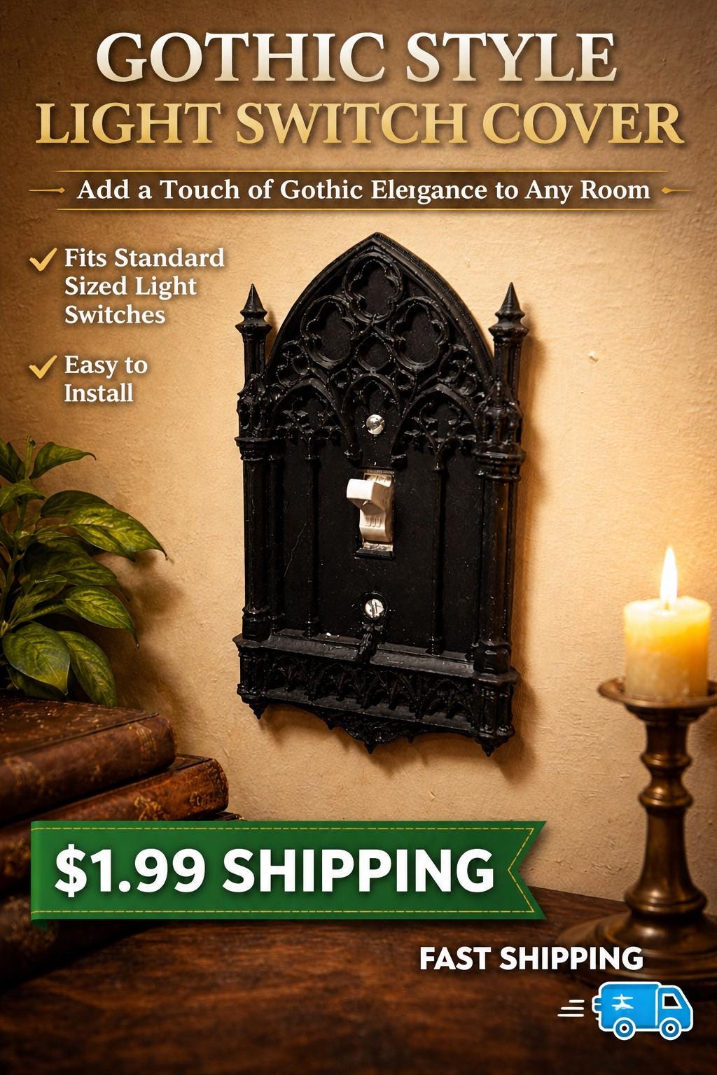 Gothic Cathedral Light Switch Covers, Matte Black PLA Wall Decor