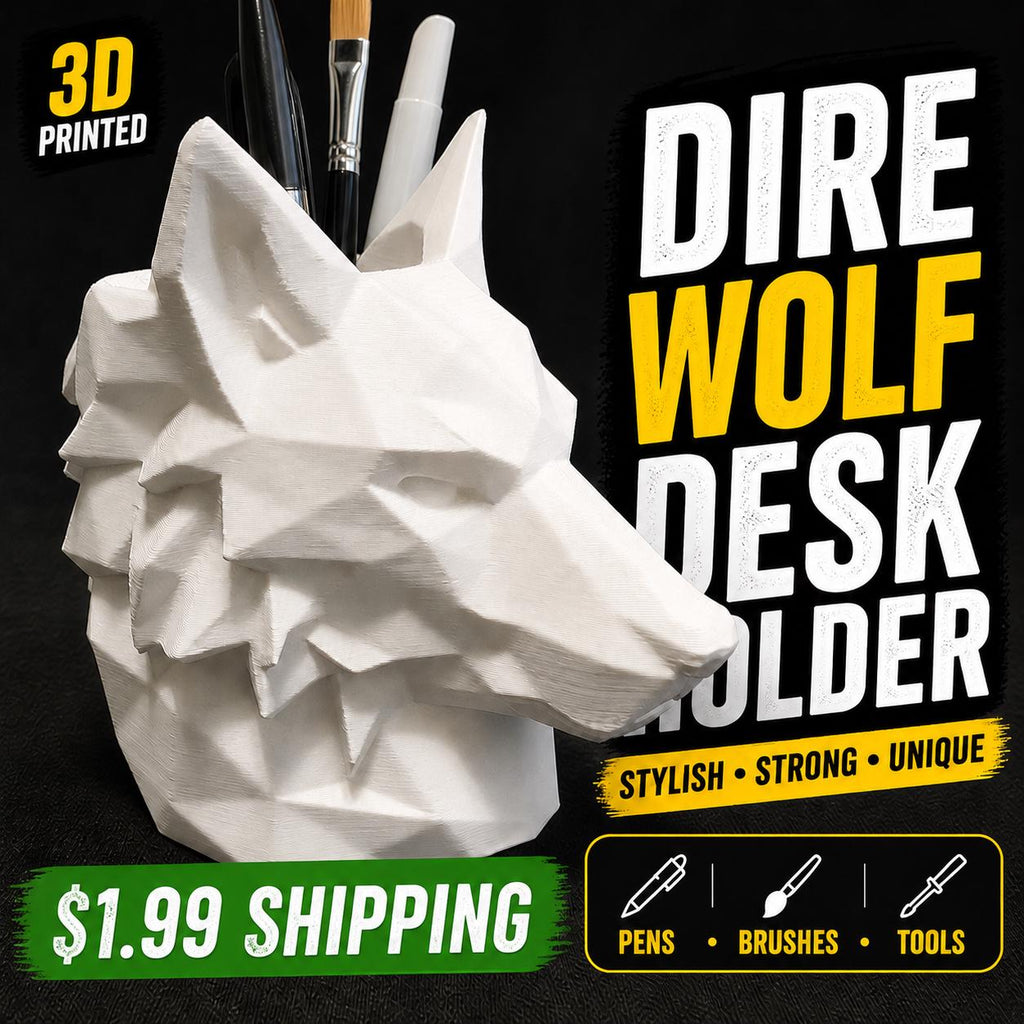 White Dire Wolf Desk Holder – 3D Printed Pen Holder, Gothic Pencil Cup, Brush & Tool Organizer, Fantasy Desk Decor - The White Wolf