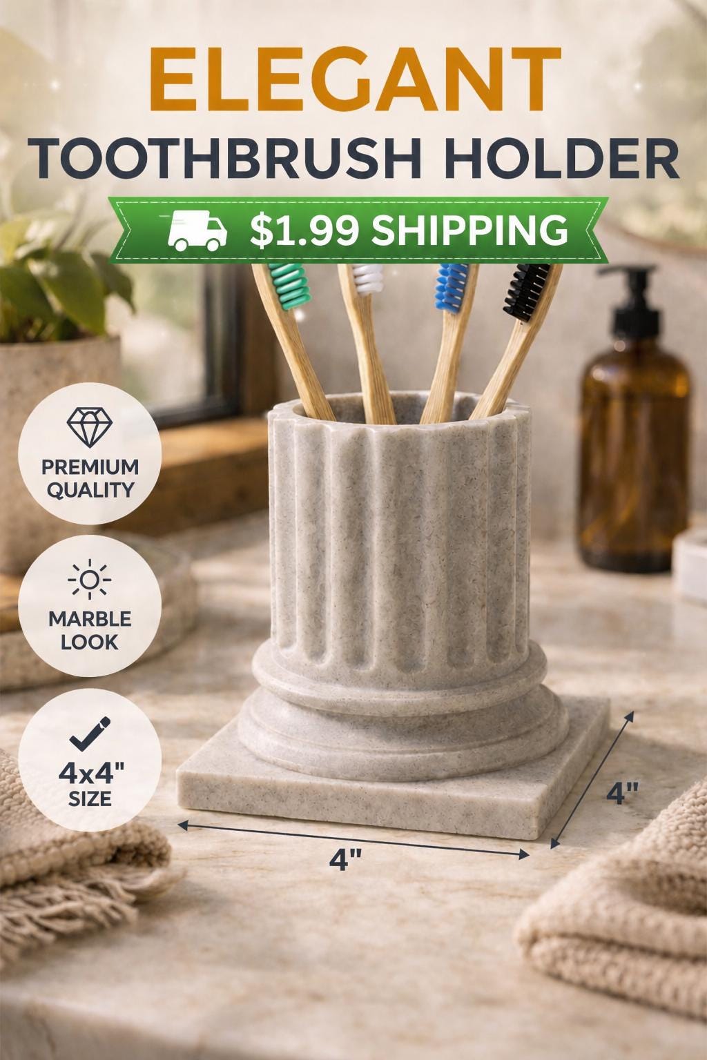 Marble Look Toothbrush Holder | 4x4 Inch Minimalist Bathroom Organizer Cup