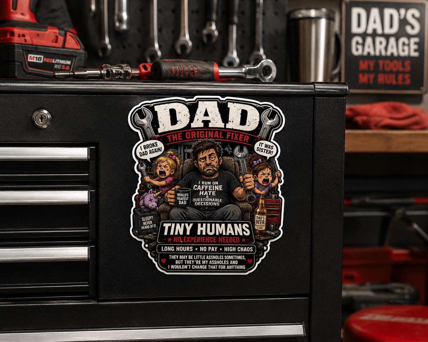 Funny Dad Garage Sticker – Tiny Humans No Experience Needed – Mechanic Dad Decal – Toolbox Sticker – Blue Collar Dad Gift –Dad Humor