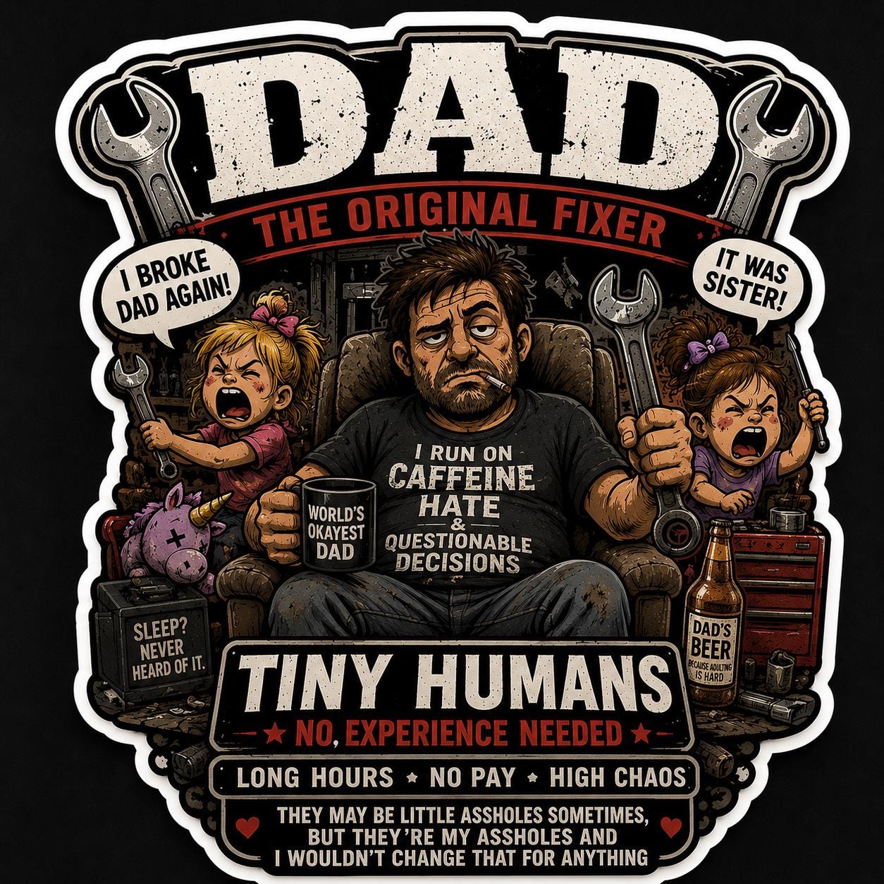 Funny Dad Garage Sticker – Tiny Humans No Experience Needed – Mechanic Dad Decal – Toolbox Sticker – Blue Collar Dad Gift –Dad Humor