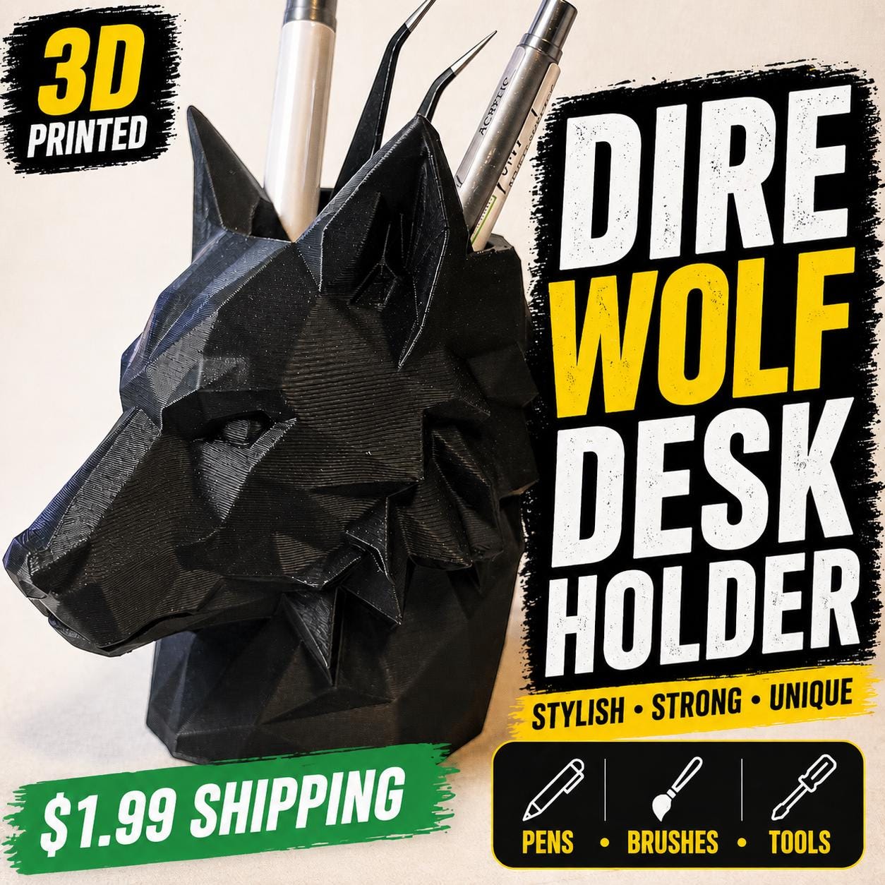 Dire Wolf Desk Organizer for Dad | Gothic Pen Holder | Fantasy Desk Decor | Office Organizer for Him | Father’s Day Gamer Gift