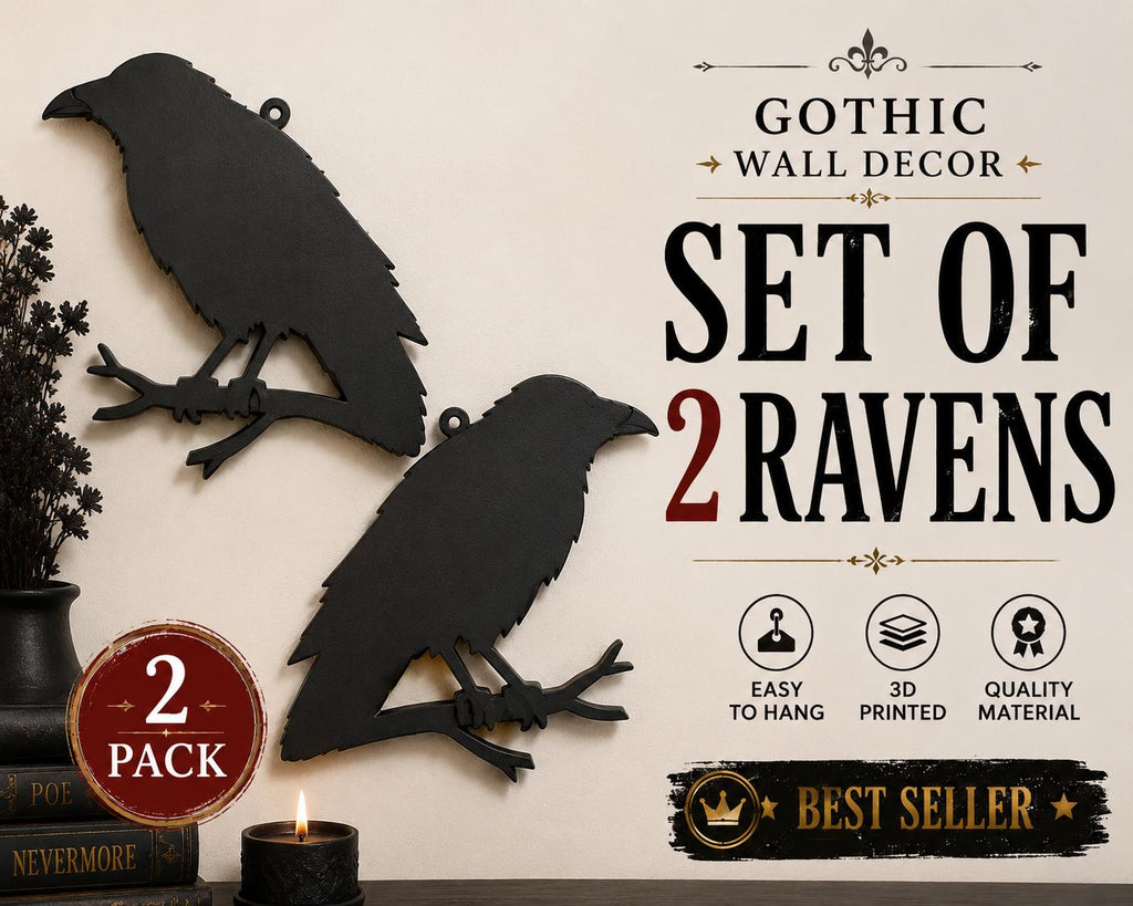 Gothic Raven Wall Decor Set of 2 | Black Bird Silhouette Wall Art | Dark Academia Home Decor | 3D Printed Raven Pair | Easy Hang