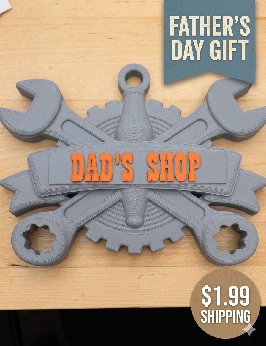 3D Printed Mechanic Wrench & Gear Sign - Dad’s Shop - Father’s Day Workshop Decor - Custom Mechanic Gift - Tool Wall Art for Dad - Gray and