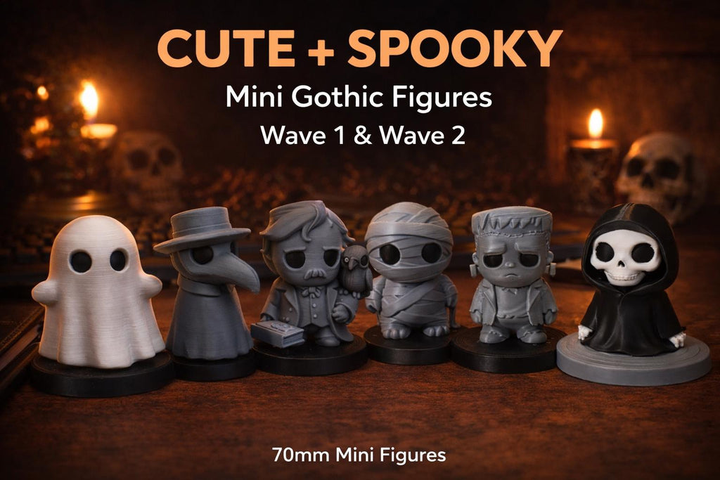 Gothic Mini Figures Set, Ghost, Plague Doctor, Poe, Frankenstein, Grim Reaper, Mummy All included Desk Decor Set