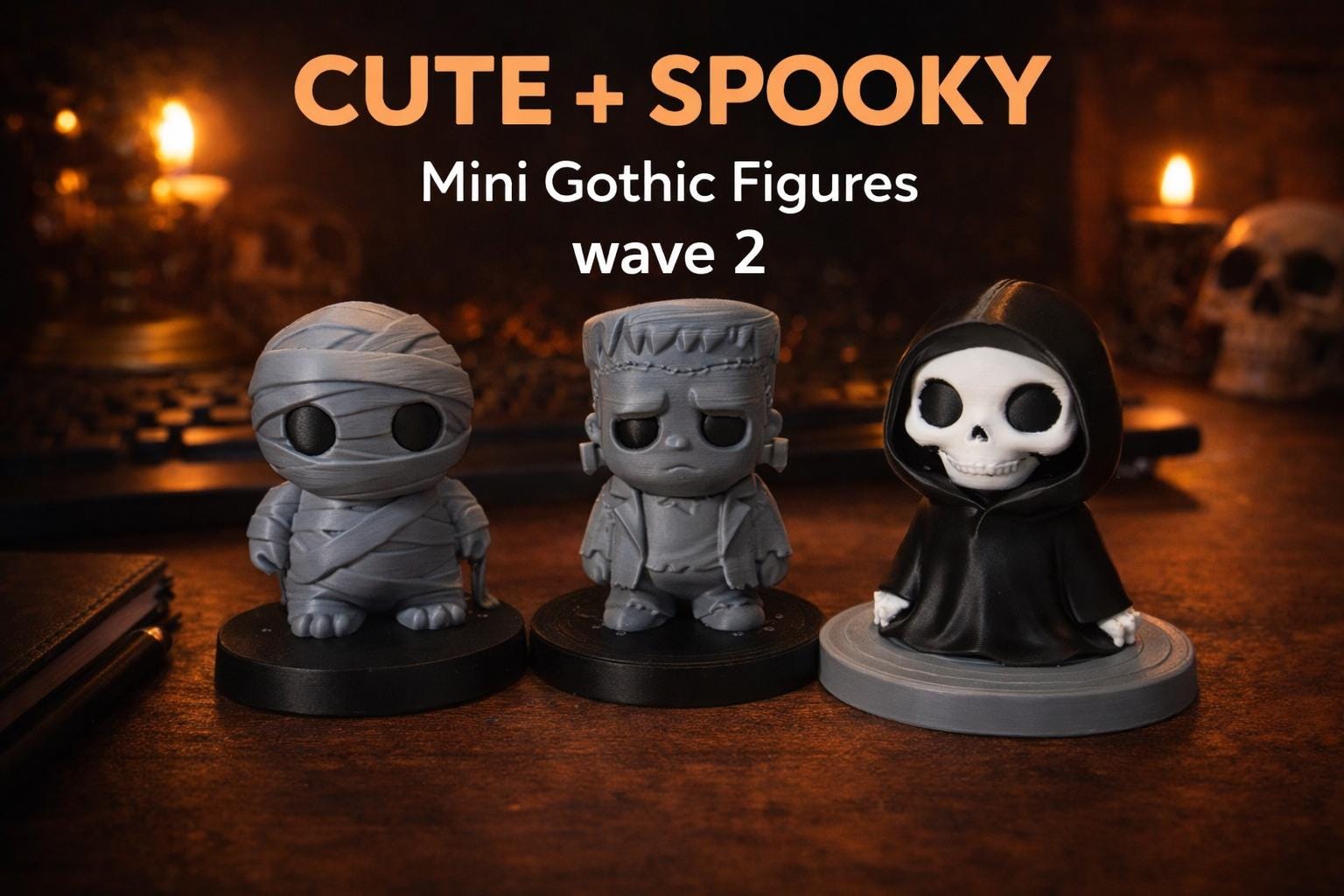 Gothic Mini Figures Set, Ghost, Plague Doctor, Poe, Frankenstein, Grim Reaper, Mummy All included Desk Decor Set