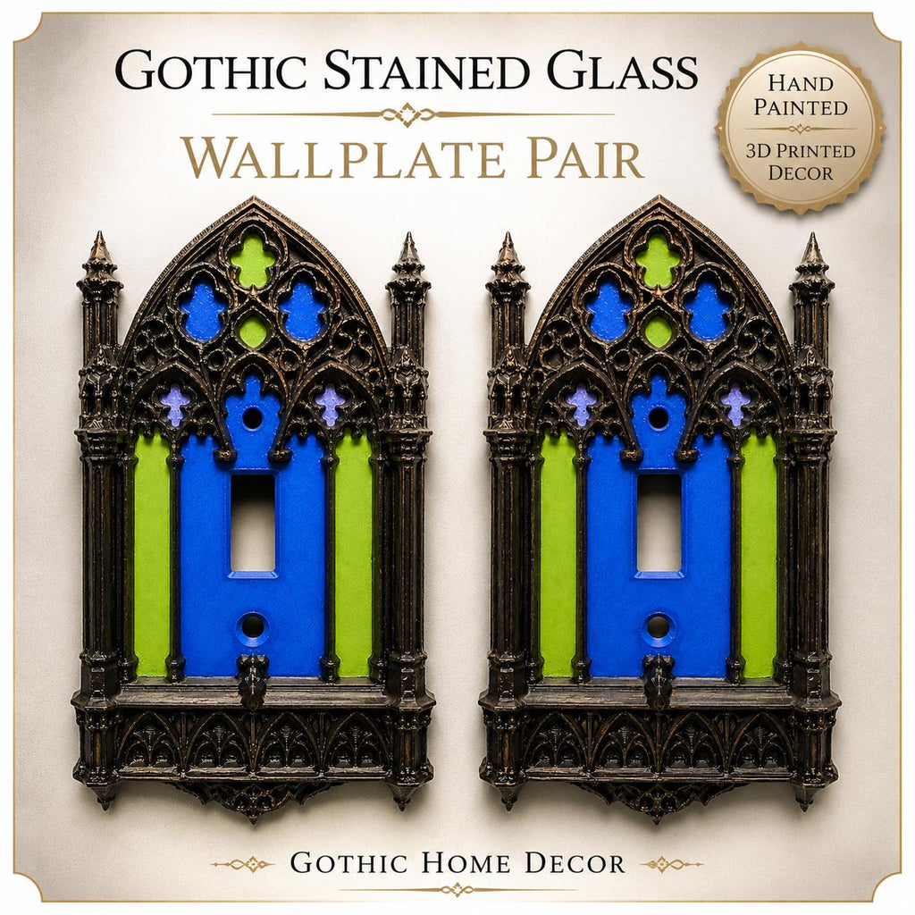 Gothic Stained Glass Light Switch Cover Pair – Gothic Cathedral Decor – 3D Printed Wallplate Set – Medieval Home Decor – Unique Dark Academi