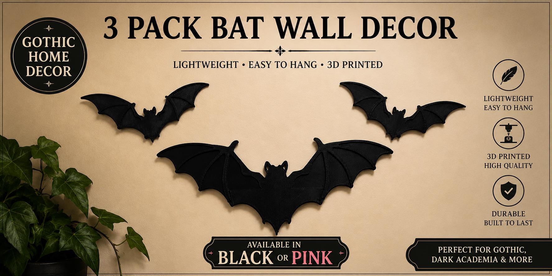 3 Pack Gothic Bat Wall Decor | 3D Printed Bat Wall Art | Dark Academia Home Decor | Halloween Wall Hanging | Spooky Minimalist Bat Decor
